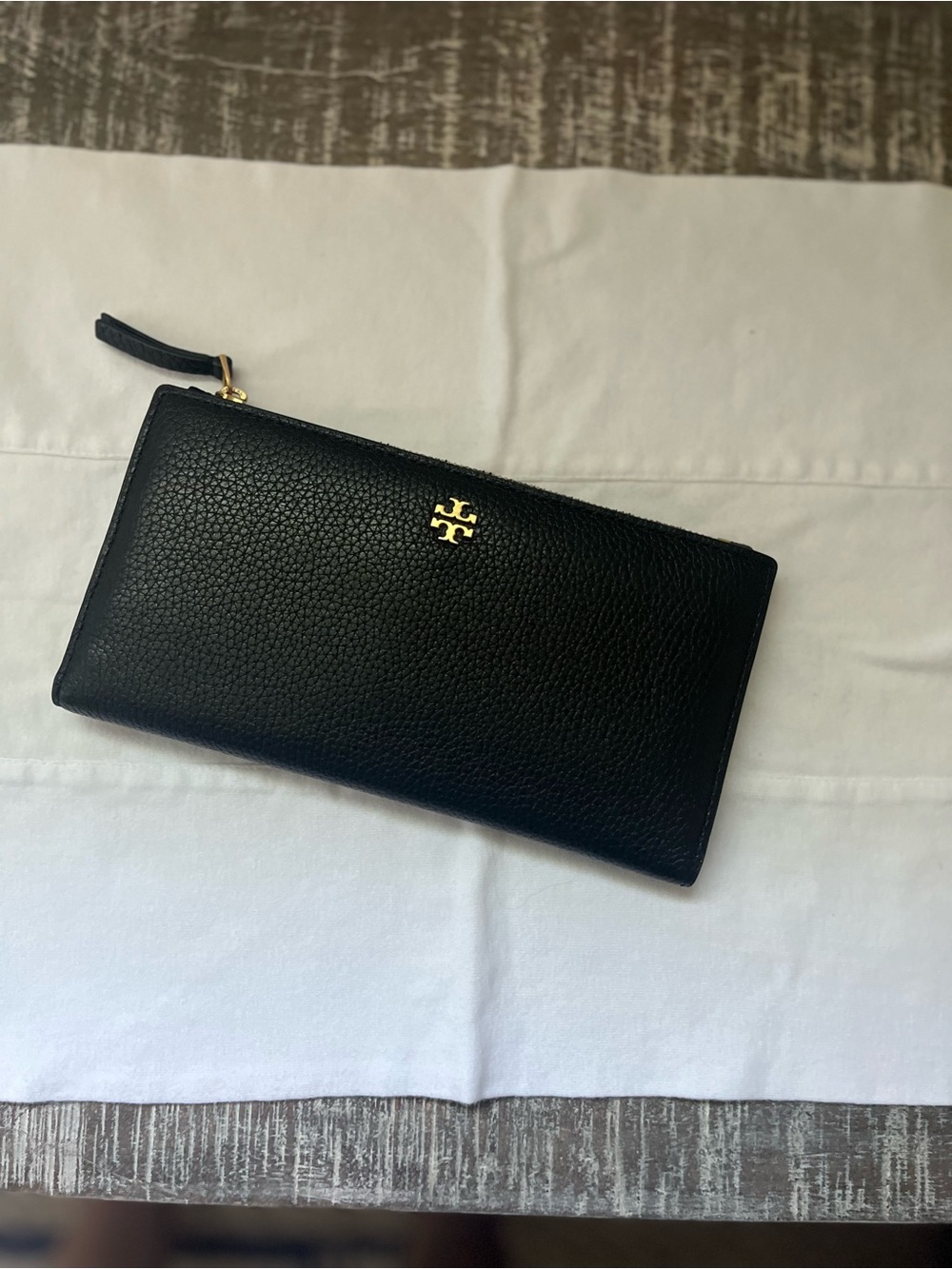 Tory Burch Black Pebbled Leather Zip-Around Wallet with Gold Logo